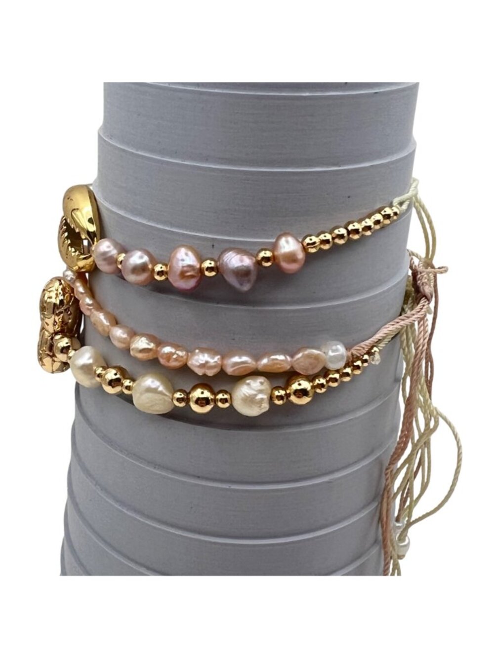 Set 3 Adjustable Bracelets Freshwater Pearls Gold Tone Pastel Pink Cowrie Heart - Picture 7 of 14